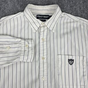 Polo Golf Ralph Lauren Shirt Mens Large Off White Blue Stripe Button Up Crest